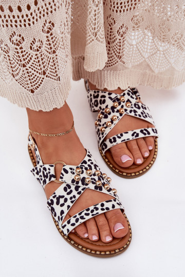 Sandalias de mujer con tacones anchos y hebillas doradas color blanco y negro Zanira