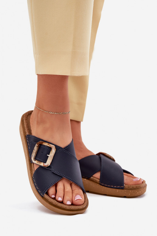 Zapatillas de cuero Femenino con hebillas Inblu ED0003IU azul oscuro Zapatillas de cuero Femenino con hebillas Inblu ED0003IU azul oscuro