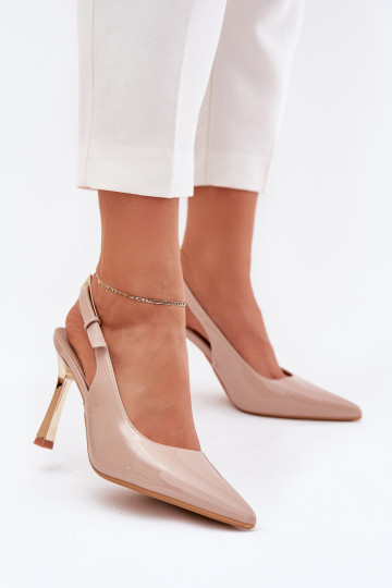 con efecto barniz zapatos de tacón alto con el talón abierto I Szpiczastymi Noskami beige Rivori