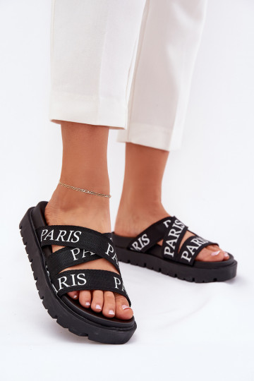 Chanclas de mujer con tiras de tela y plataforma color negro Celinea 2