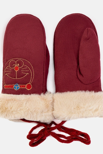 Guantes para niños con gatito color burdeos