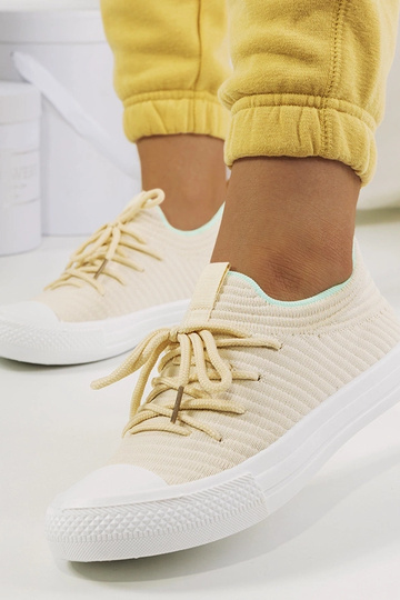 Zapatillas de mujer beige con cordones, tejido ligero, Medina