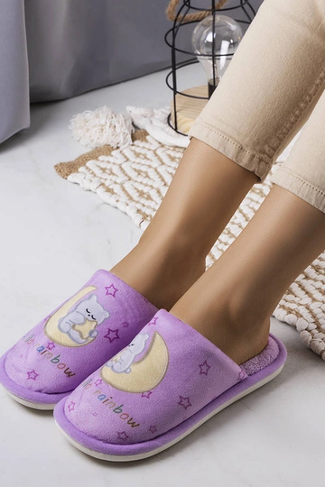 Pantuflas suaves de color morado con diseño de luna arcoíris