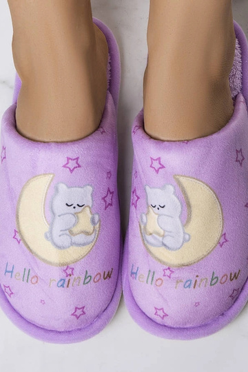 Pantuflas suaves de color morado con diseño de luna arcoíris 2