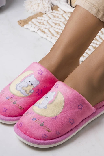 Pantuflas suaves rosas con luna arcoiris