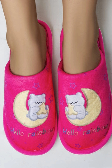 Pantuflas suaves de color rosa neón con diseño de luna y arcoíris 2