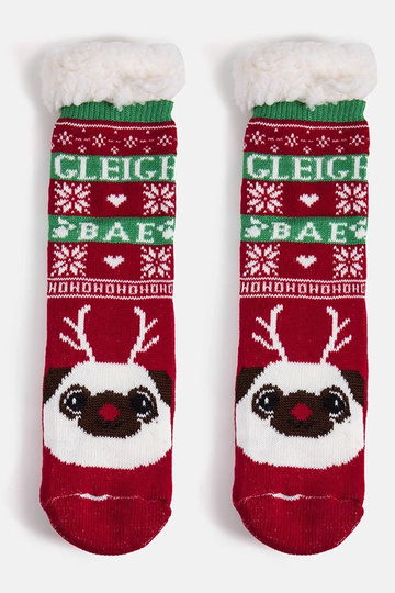 Calcetines rojos cálidos con Challi el perro