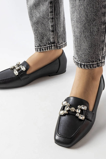 Mocasines de mujer negros con circonitas, piel, punta cuadrada, Marechal