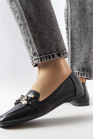 Mocasines de mujer negros con circonitas, piel, punta cuadrada, Marechal 2