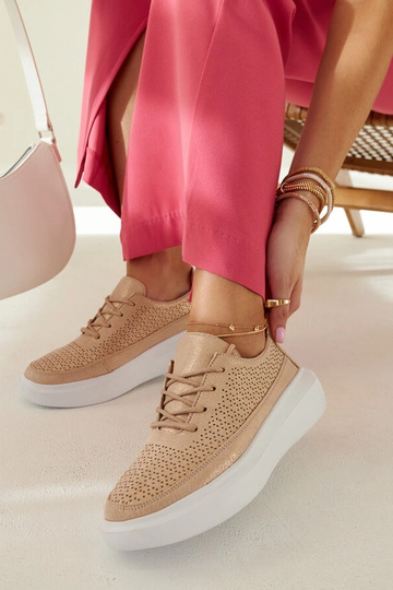 Zapatillas doradas de mujer con plataforma, con cordones, caladas, Lori