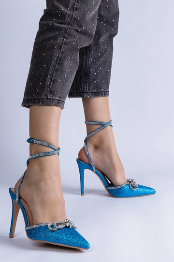 Gemre Zapatos de salón azules para mujer de tacón alto, atados con purpurina y lazo en punta Merkuri