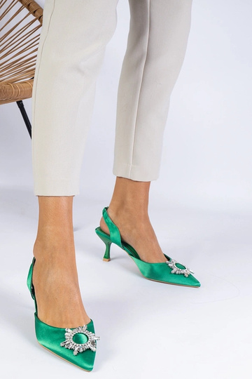 Zapatos de salón de satén verde con tacón abierto y elegante adorno Melossi 2