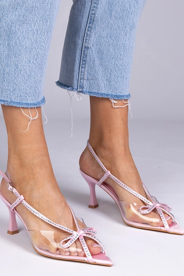 Sandalias rosas transparentes de tacón con piedras de circonio, "Kloksi"