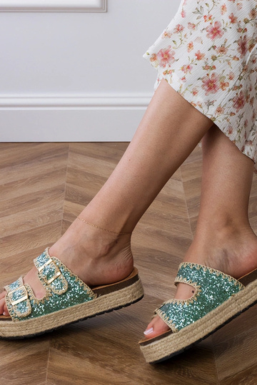 Zapatillas tipo espadrilles verdes con purpurina y hebillas, “Induri” 2