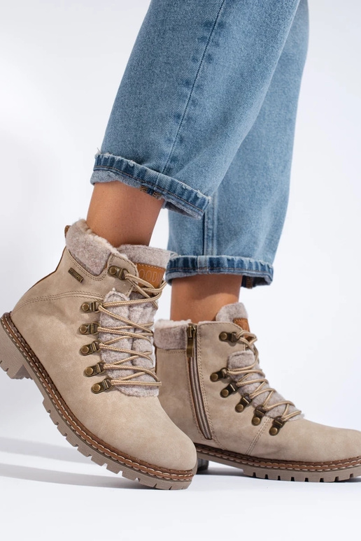 botas beige con cordones de piel de... botas beige con cordones de piel de...