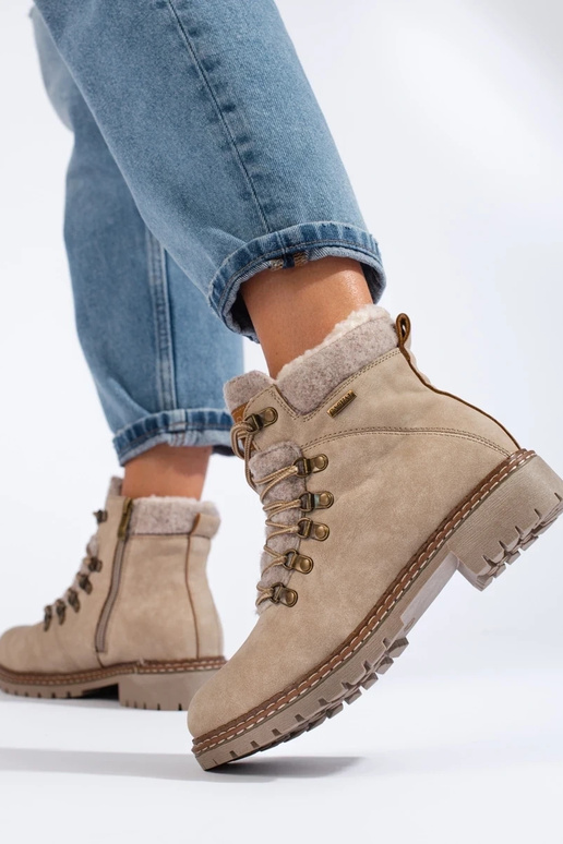 botas beige con cordones de piel de... botas beige con cordones de piel de...