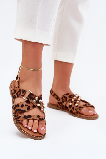 Sandalias de mujer con tacones anchos Ze color doradomi Studs con estampados de piel de leopardo Zanira