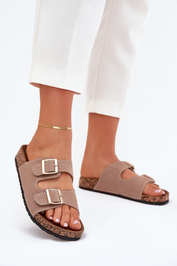 Zapatillas de mujer Lunera con hebillas doradas y costuras de color caqui 2