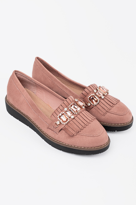 color rosa de gamuza mocasines decorado con cristales