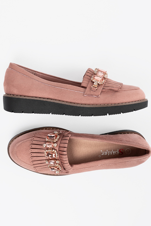color rosa de gamuza mocasines decorado con cristales