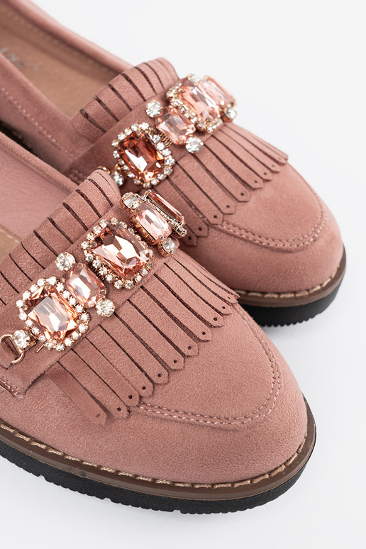 color rosa de gamuza mocasines decorado con cristales