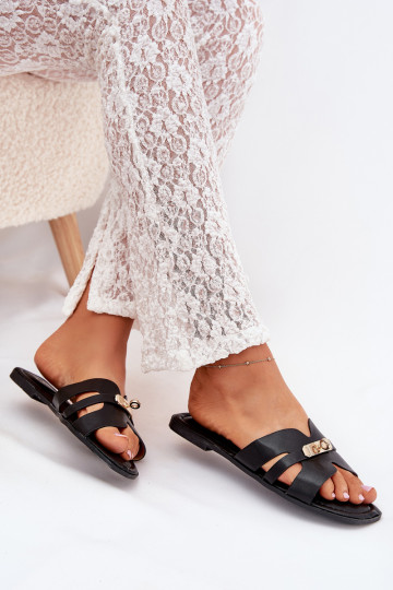 Chanclas planas negras para mujer con rayas y detalles dorados Kerenza