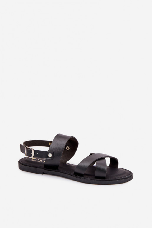 Sandalias planas para mujer. de cuero ecológico de color negro Kalira Sandalias planas para mujer. de cuero ecológico de color negro Kalira