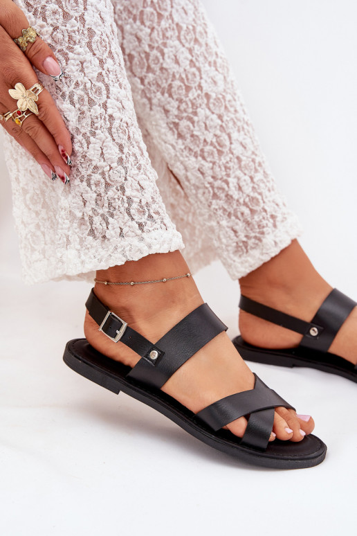 Sandalias planas para mujer. de cuero ecológico de color negro Kalira Sandalias planas para mujer. de cuero ecológico de color negro Kalira