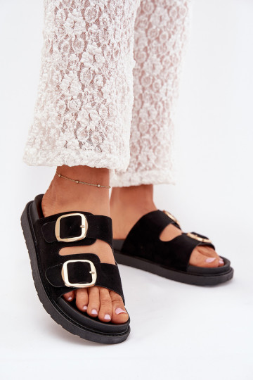 Zapatillas de casa negras con plataforma y hebillas doradas Verena 2