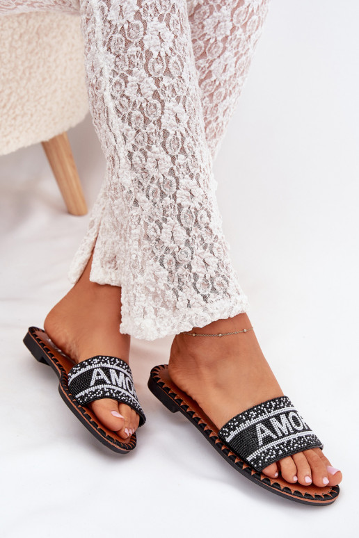 zapatillas de mujer con tacones anchos Con decoración Amore de color negro Avelina