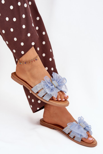 Zapatillas de mujer con tacones anchos y lazo de tul de tela vaquera Tanira