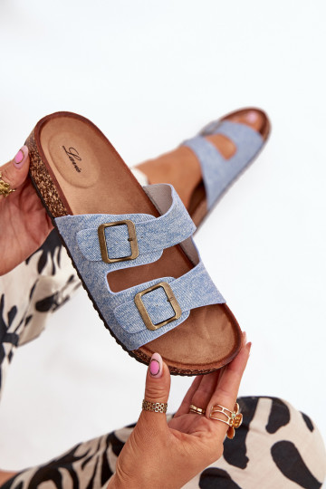 Chanclas de mujer de tela vaquera clara con plataforma y hebillas Vesina