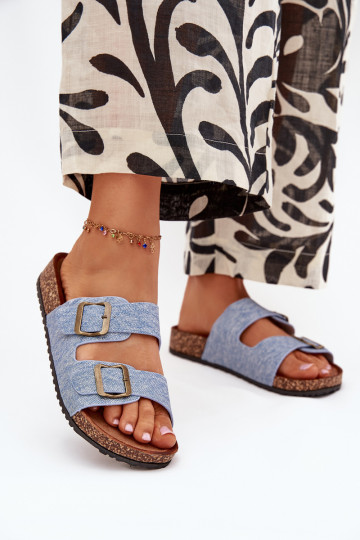 Chanclas de mujer de tela vaquera clara con plataforma y hebillas Vesina 2