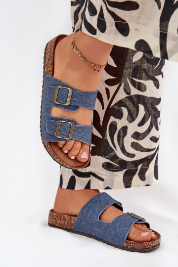 Chanclas de mujer de tela vaquera oscura con plataforma y hebillas Vesina