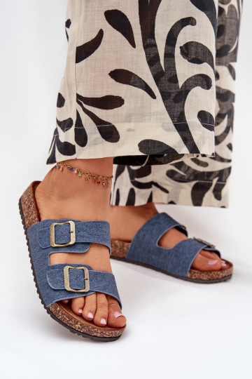 Chanclas de mujer de tela vaquera oscura con plataforma y hebillas Vesina 2