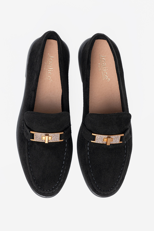 de color negro de gamuza mocasines z elegancką złotą ozdobą