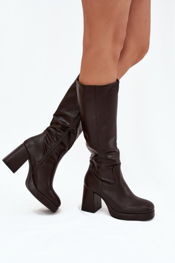 Botas altas para mujeres hasta la rodilla con tacón en columna, color chocolate "Selvia"
