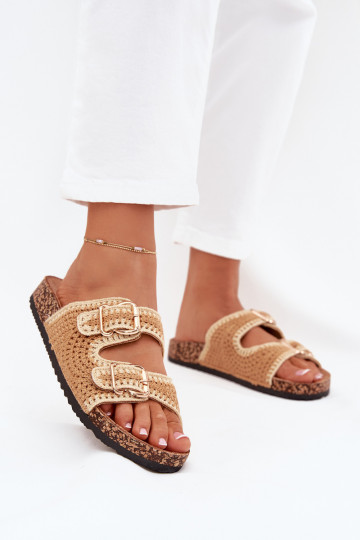 Zapatillas de mujer tejidas con hebillas doradas, color marrón "Fenira" 2