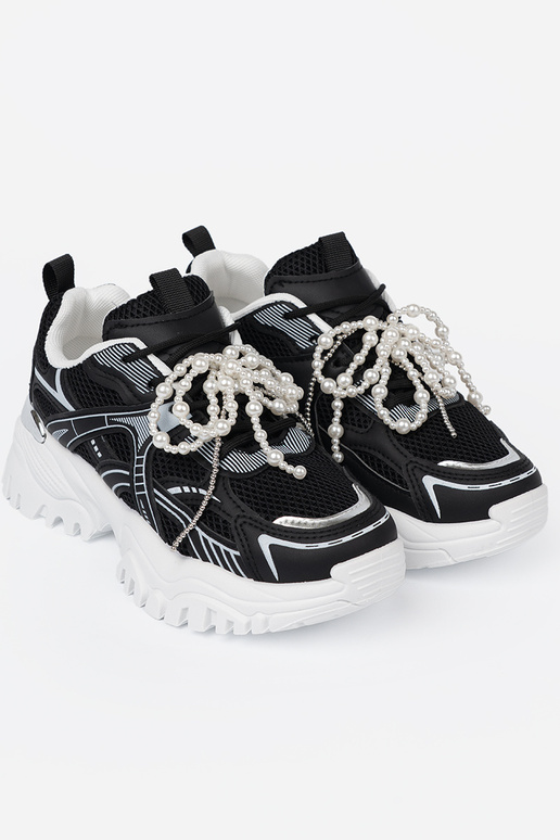 de color negro Zapatillas modelo zapatos. z białą kokardą i koralikami