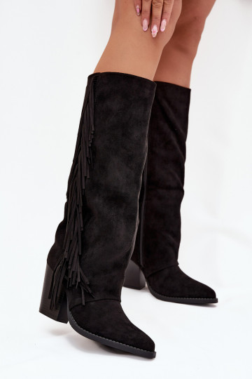 Botas altas de mujer estilo vaquero con flecos y tacón, negras Tivara 2