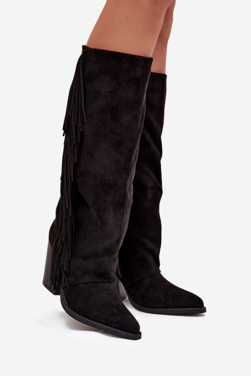 botas estilo vaquero Femenino con flecos con tacones de color negro Tivara