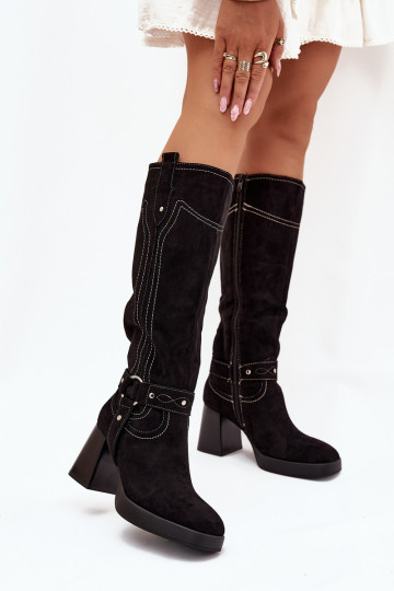 Botas altas de mujer forradas con tacón y costuras decorativas, negras Alessara 2