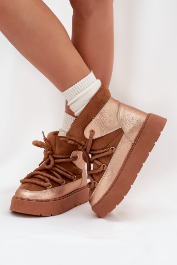 Bajo Botas de nieve Femenino calentamiento con pelo dentroGrubym ENiązaniem color marrón Xarina 2