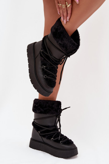 Botas de nieve Femenino con un abrigo de piel I ENiązaniem con una plataforma de color negro Tiene querinna