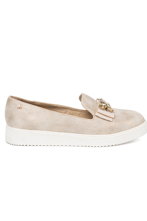 color dorado mocasines z biżuteryjnym detalem na przodzie