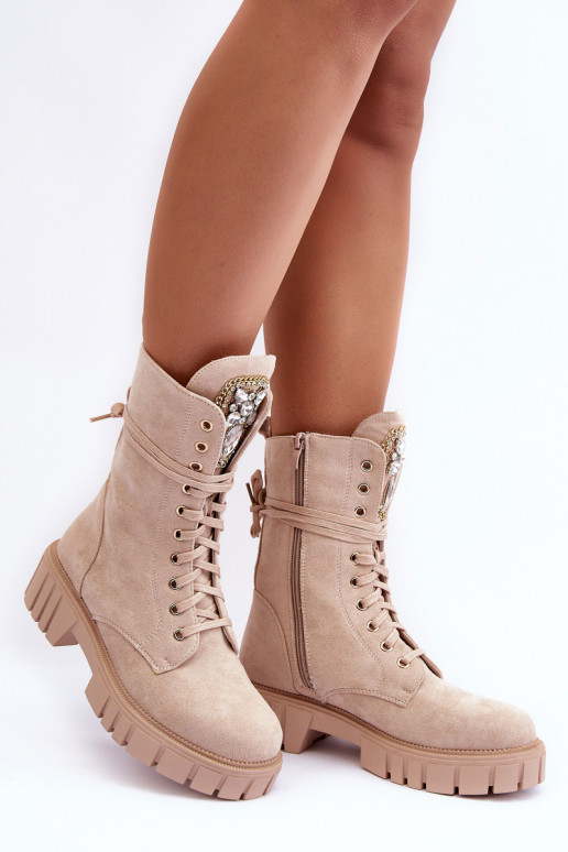 Zapatos de gamuza botas altas de montar Con joyas beige Tiene querx