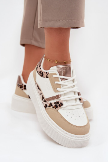 Zapatos de mujer estilo sneakers en color blanco y arena con plataforma Big Star SS274357 y estampado de piel de leopardo 2
