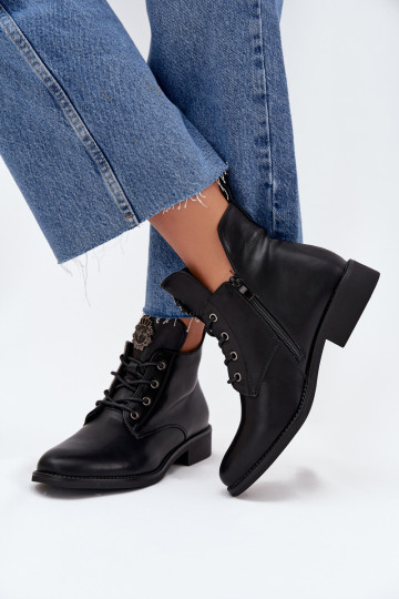 Botines bajos de mujer con tacones anchos y detalles decorativos, forrados, negros Cylira