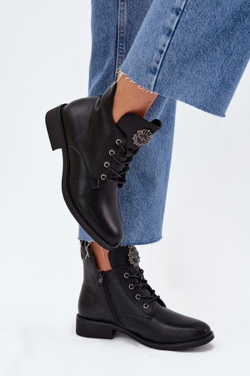 Botines bajos de mujer con tacones anchos y detalles decorativos, forrados, negros Cylira 2