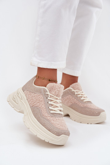 Zapatillas deportivas de mujer con ojales brillantes y forro de piel de cordero color marfil Zarika